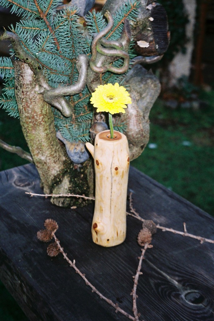 Vase vor Dekostück aus Korkenzieherweide