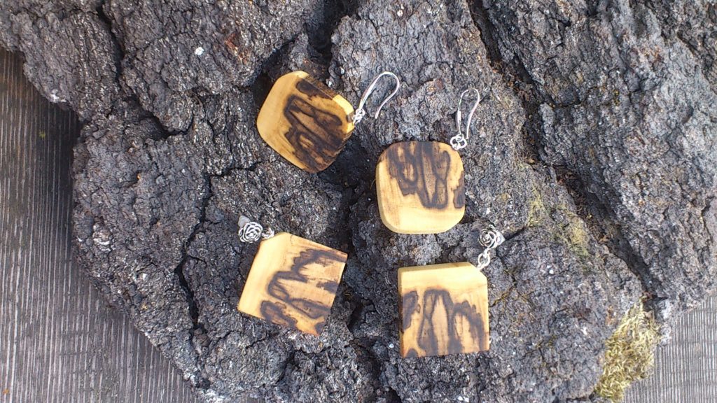 Ohrringe aus Buchenholz, gestockt